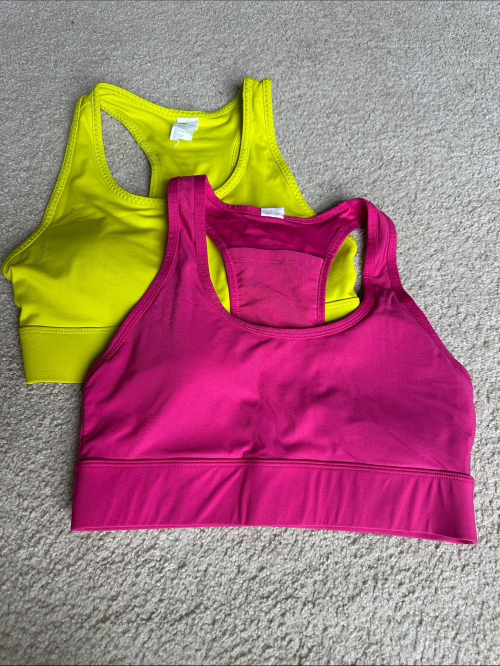 Fabletics Bright Pink and Neon Yellow Racerback Sports Bras in Small